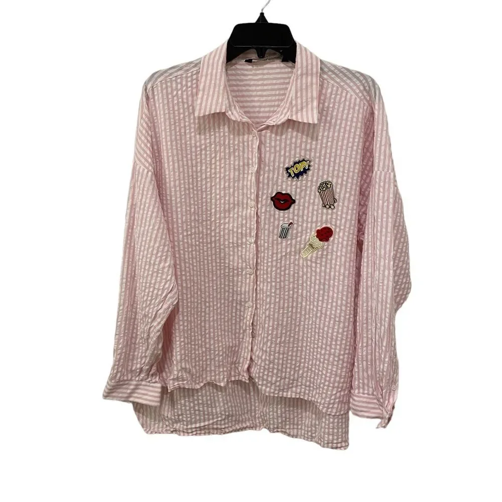 Zara Basic Pink White Striped Seersucker Patch High Low Button Down Shirt XL
